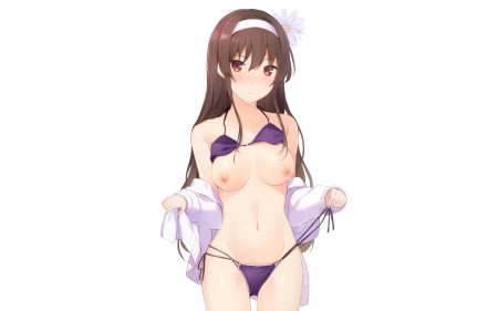 6u (eternal land) bikini blush breasts brown eyes brown hair kasumigaoka utaha navel nipples saenai heroine no sodatekata scan swimsuit third-party edit undressing white