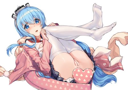 anthropomorphism aqua eyes aqua hair blush headband long hair no bra nopan pussy school uniform shirayuki (zhanjian shaonu) skirt tagme (artist) thighhighs torn clothes uncensored white zhanjian shaonu