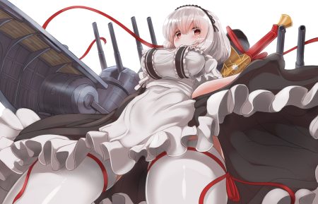anthropomorphism azur lane breasts gray hair maid red eyes redundant-cat short hair sirius (azur lane) skirt lift thighhighs weapon