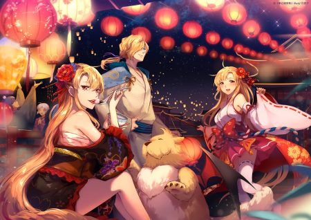 1991 (blz) animal bell blonde hair blue eyes bow festival flowers food group japanese clothes langrisser leon (langrisser) long hair male night orange eyes ponytail rana (langrisser) riana (langrisser) ribbons rose sarashi sherry (langrisser) skirt thighhighs underwear
