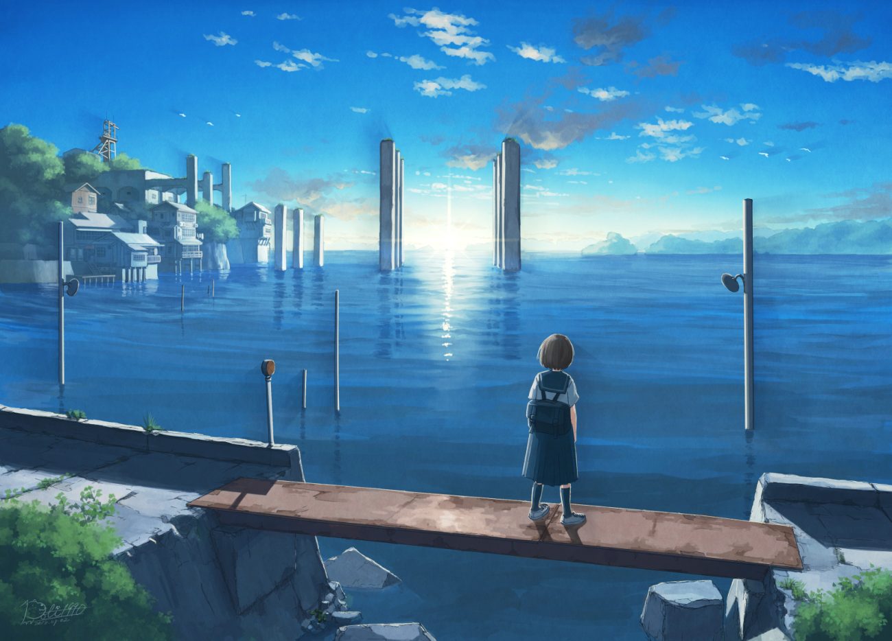 animal bird brown hair building clouds kneehighs original pochi (poti1990) reflection scenic school uniform short hair signed skirt sky water