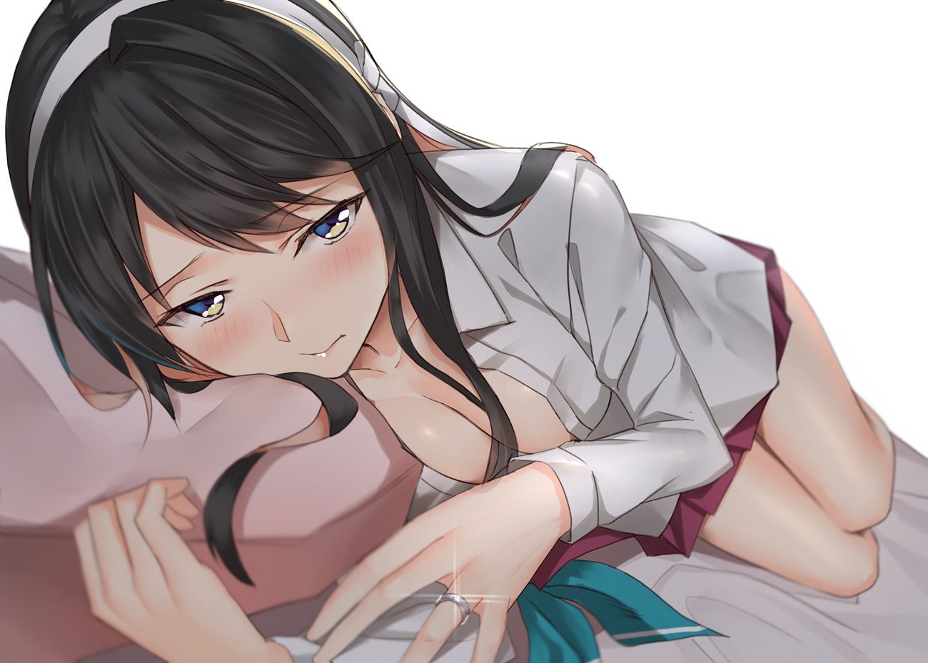 anthropomorphism black hair blue eyes blush breasts cleavage close headband kantai collection long hair naganami (kancolle) no bra open shirt pallad school uniform shirt skirt white