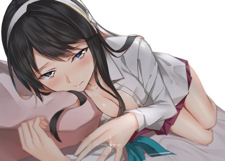 anthropomorphism black hair blue eyes blush breasts cleavage close headband kantai collection long hair naganami (kancolle) no bra open shirt pallad school uniform shirt skirt white
