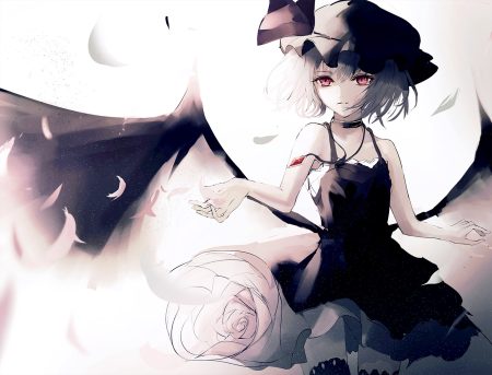 beckzawachi choker dress flat chest gray hair hat necklace petals polychromatic red eyes remilia scarlet short hair summer dress thighhighs touhou vampire white wings zettai ryouiki