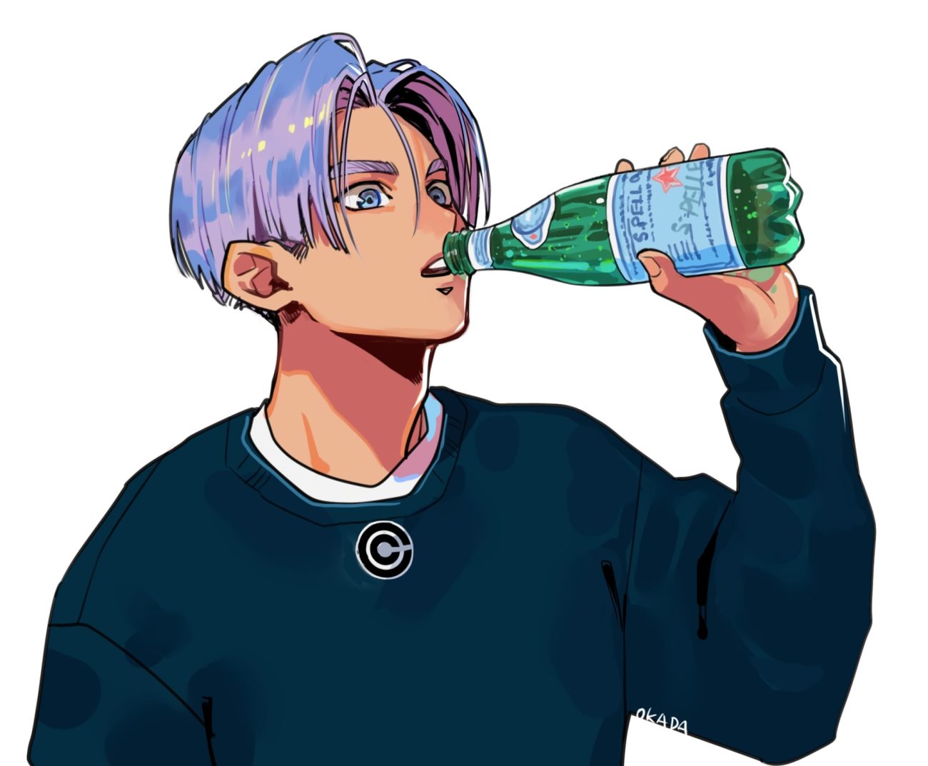all male blue eyes close cropped dragon ball z drink male okada (hoooojicha) purple hair short hair signed trunks white
