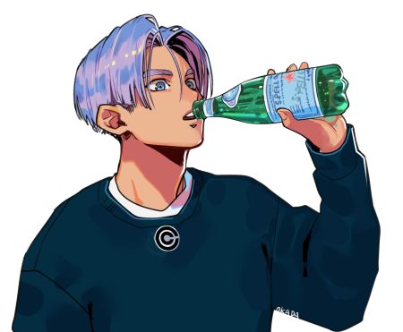 all male blue eyes close cropped dragon ball z drink male okada (hoooojicha) purple hair short hair signed trunks white