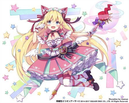 animal ears blonde hair blue eyes blush bow catgirl choker dress fang gloves headdress kaku-san-sei million arthur lolita fashion long hair magic nyanya square enix staff stars thighhighs watermark white wing
