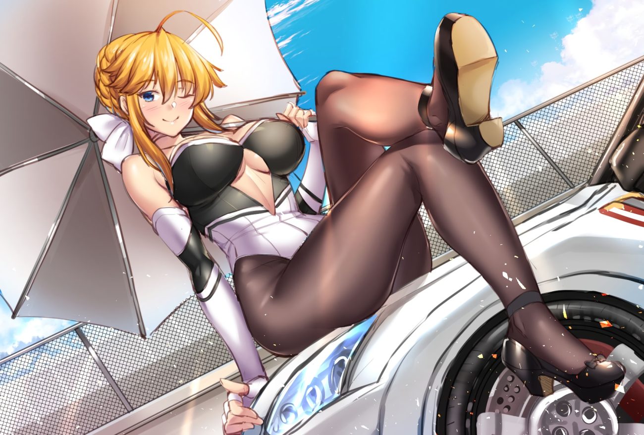 aqua eyes artoria pendragon (all) artoria pendragon (lancer) azur lane blush bodysuit braids breasts car cleavage clouds cosplay elbow gloves fate/grand order fate (series) gloves merufena orange hair pantyhose short hair sketch sky umbrella wink