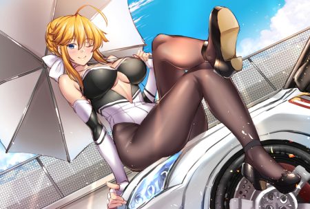 aqua eyes artoria pendragon (all) artoria pendragon (lancer) azur lane blush bodysuit braids breasts car cleavage clouds cosplay elbow gloves fate/grand order fate (series) gloves merufena orange hair pantyhose short hair sketch sky umbrella wink