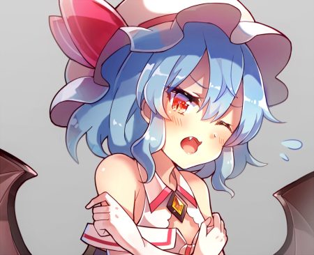 60mai blue hair blush close fang flat chest gray hat red eyes remilia scarlet short hair touhou vampire waifu2x wings wink