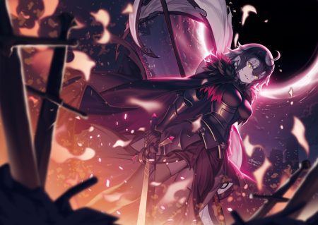 armor breasts cape dress fate/grand order fate (series) gray hair headdress jeanne d'arc alter jeanne d'arc (fate) lim jaejin short hair sword thighhighs weapon yellow eyes