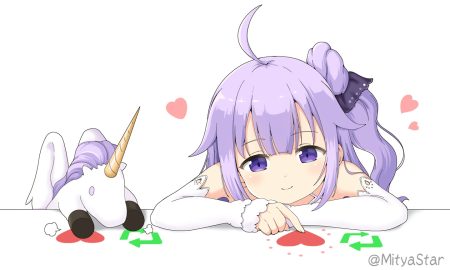 anthropomorphism azur lane bongo cat heart loli long hair miicha parody ponytail purple eyes purple hair unicorn (azur lane) waifu2x watermark white