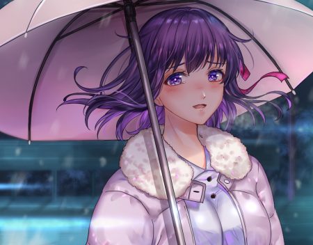 azaka (rionrita) blush breasts close cropped fate (series) fate/stay night matou sakura purple eyes purple hair ribbons short hair snow tears umbrella waifu2x