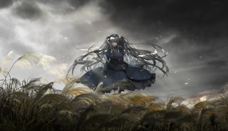 apron clouds cross gray hair headdress liyou-ryon long hair maid minai karte necklace nurse red eyes sky virtual clinic