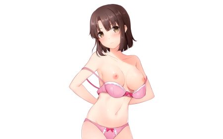 6u (eternal land) blush bra breasts brown eyes brown hair katou megumi navel nipples panties saenai heroine no sodatekata scan short hair third-party edit underwear undressing white