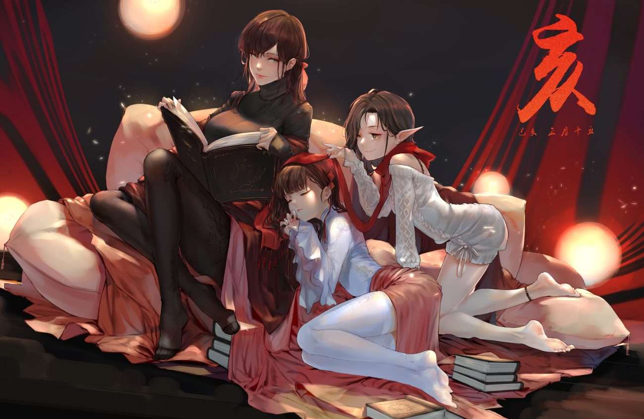 aliasing barefoot book brown eyes brown hair green eyes jpeg artifacts loli long hair original pantyhose pointed ears scarf short hair skirt sleeping thighhighs yi cat