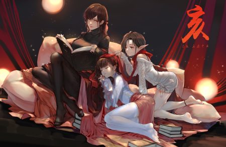 aliasing barefoot book brown eyes brown hair green eyes jpeg artifacts loli long hair original pantyhose pointed ears scarf short hair skirt sleeping thighhighs yi cat