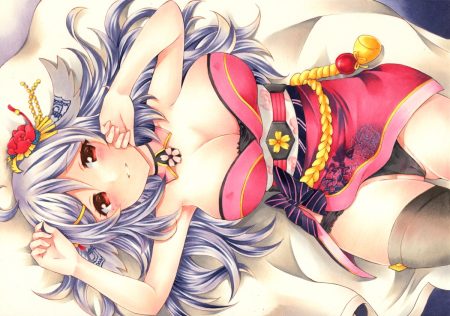 anthropomorphism azur lane blush breasts cameltoe cleavage erect nipples gray hair houshou (azur lane) japanese clothes long hair panties red eyes thighhighs underwear yoruoujito-tsukinohime