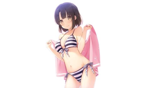 6u (eternal land) bikini brown eyes brown hair katou megumi navel saenai heroine no sodatekata scan short hair swimsuit third-party edit wet white