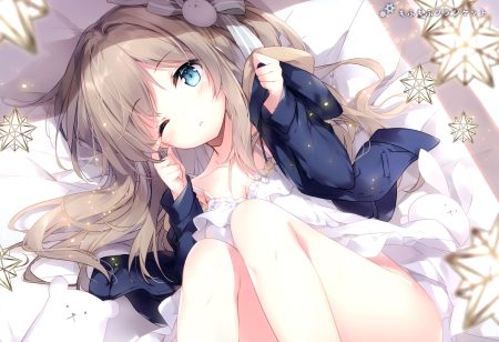 aqua eyes bed brown hair bunny dress hood long hair mochizuki shiina nopan original ponytail scan summer dress teddy bear wink