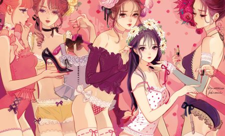 ass black eyes bloomers bow brown eyes brown hair choker flowers garter belt group headdress long hair matsuo hiromi orange hair original panties pink purple eyes purple hair red eyes red hair ribbons short hair signed thighhighs underwear zettai ryouiki