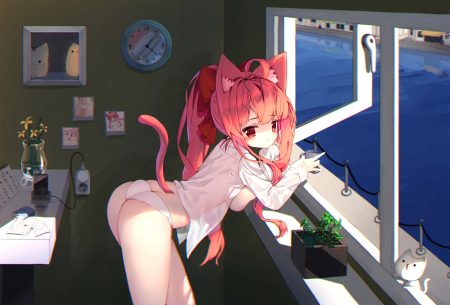 animal animal ears ass blush bow breasts cat catgirl drink flowers long hair no bra open shirt original panties paper phone pink hair ponytail red eyes see through shirt tail tandohark underwear water
