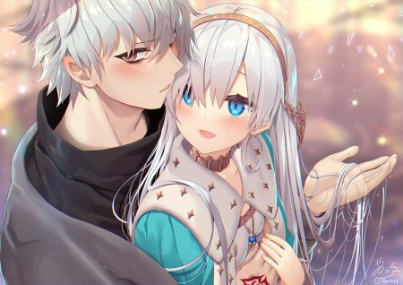 anastasia (fate/grand order) aqua eyes blush brown eyes close collar fate/grand order fate (series) gray hair headband kadoc zemlupus long hair male short hair signed tattoo yano mitsuki