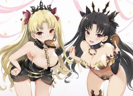 2girls bikini black hair blonde hair breasts candy chocolate cleavage dress ereshkigal (fate/grand order) fate/grand order fate (series) headdress ishtar (fate/grand order) long hair navel red eyes swimsuit teddypocky twintails