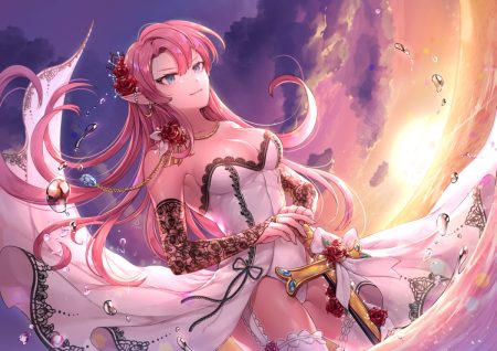 anthropomorphism aqua eyes azur lane bodysuit breasts cleavage clouds duke of york (azur lane) elbow gloves garter belt gloves long hair ozzingo pink hair pointed ears skirt sky stockings sunset sword thighhighs water weapon