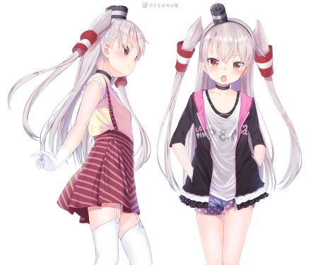amatsukaze (kancolle) anthropomorphism blush choker cropped dx (dekusu) flat chest garter belt gloves gray hair headband hood kantai collection loli long hair orange eyes shorts signed skirt stockings thighhighs twintails white