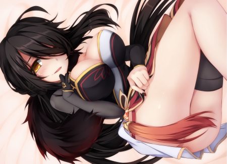 ara haan ass black hair blush braids breasts cleavage dress elbow gloves elsword gloves long hair lowell (ouranoss2kanata) nopan yellow eyes