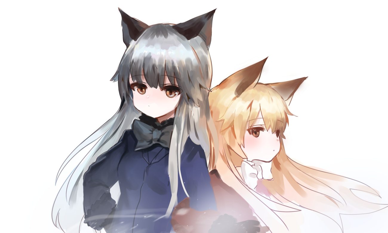 2girls animal ears anthropomorphism blonde hair bow brown eyes dokomon foxgirl gloves gray hair kemono friends long hair red fox (kemono friends) silver fox (kemono friends) sketch white