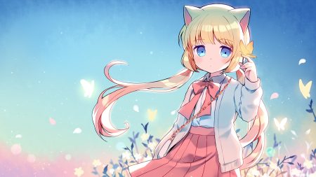 animal ears aqua eyes blonde hair bow butterfly catgirl flowers gradient loli long hair mechuragi original petals school uniform skirt twintails waifu2x