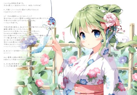 animal blue eyes blush flowers green hair japanese clothes kochiya sanae long hair miyase mahiro ponytail scan snake touhou yukata
