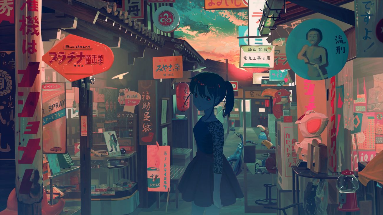 banishment building clouds dark dress long hair original ponytail scenic skirt sky sunset