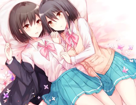 bed black hair bow brown hair flowers kinona original petals red eyes school uniform short hair shoujo ai skirt