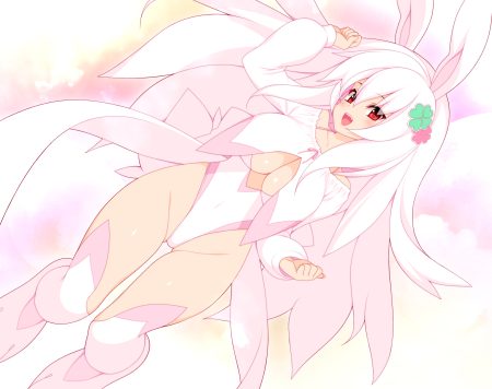 animal ears bodysuit breasts bunny ears bunnygirl cleavage fang kinoshita ichi long hair original pink red eyes white hair