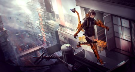 animal bird black hair building city elbow gloves eyepatch gloves kasagarasu orange eyes original short hair tail techgirl thighhighs