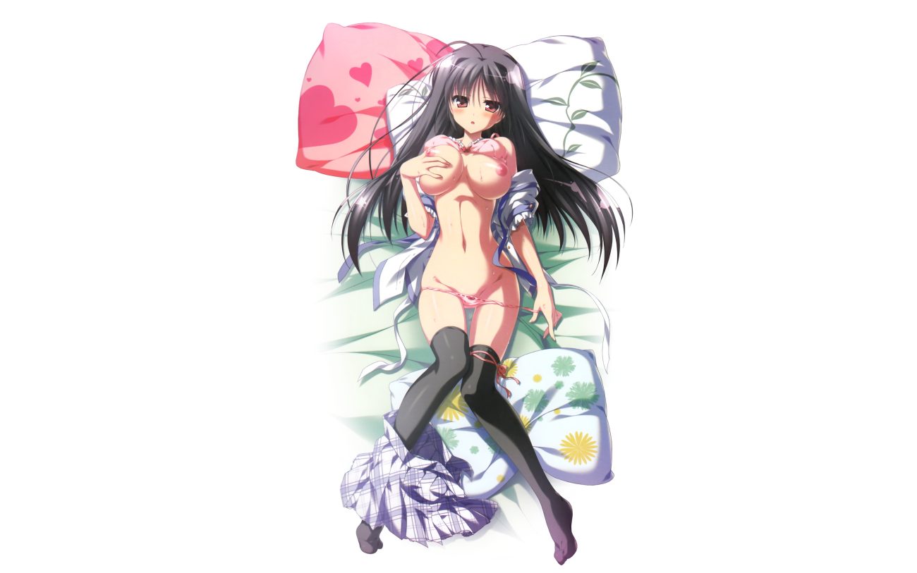 black hair bra breast grab breasts brown eyes long hair natsuzora no perseus navel nipples panties scan shouna mitsuishi thighhighs third-party edit toono ren underwear undressing white