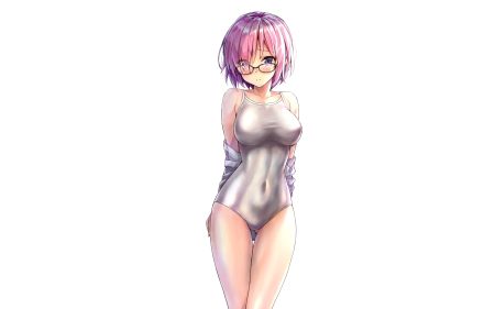 blush erect nipples fate/grand order fate (series) glasses kotatsu (kotatsu358) mash kyrielight pink hair purple eyes swimsuit third-party edit undressing white