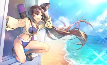 beach bikini blue eyes brown hair clouds fate/grand order fate (series) long hair mg kurino navel ponytail sky swimsuit ushiwakamaru (fate/grand order) water