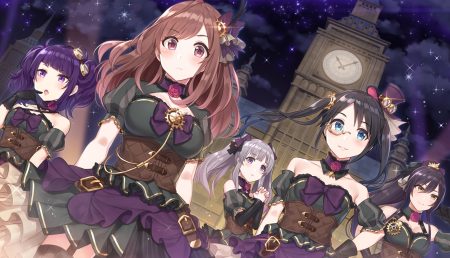 aqua eyes black hair blush bow brown hair clouds flowers gloves goggles gray hair group hat idolmaster idolmaster shiny colors mitsumine yuika night pink eyes ponytail purple eyes purple hair rose shirase sakuya sky stars stockings tanaka mamimi thighhighs tsukioka kogane twintails yellow yuuhi (ages) yuukoku kiriko