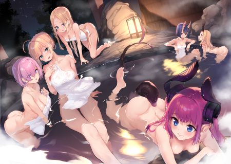 abigail williams (fate/grand order) artoria pendragon (all) ass blonde hair blue hair blush demon elizabeth bathory (fate) fate/grand order fate (series) green eyes group horns ibaraki douji (fate) loli long hair mash kyrielight onsen pink hair pointed ears purple eyes saber short hair shuten douji (fate) tail towel twintails water yaguo