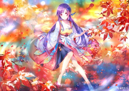autumn bell chinese clothes leaves long hair purple hair red eyes signed snow vocaloid water xin hua yu jiu