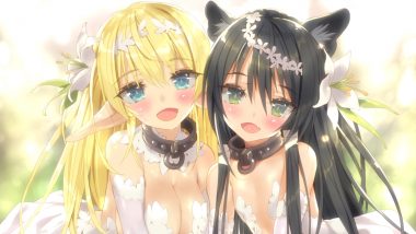 2girls animal ears aqua eyes black hair blonde hair blush breasts catgirl cleavage close collar dress elbow gloves fang flat chest flowers gloves green eyes headdress isekai maou to shoukan shoujo no dorei majutsu long hair pointed ears rem galeu shera l. greenwood tsurusaki takahiro