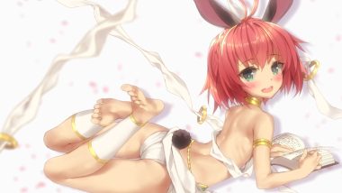 animal ears ass barefoot blush book braids bunny ears bunnygirl flat chest green eyes isekai maou to shoukan shoujo no dorei majutsu red hair short hair sylvie (isekai maou to shoukan shoujo no dorei majutsu) tail tsurusaki takahiro