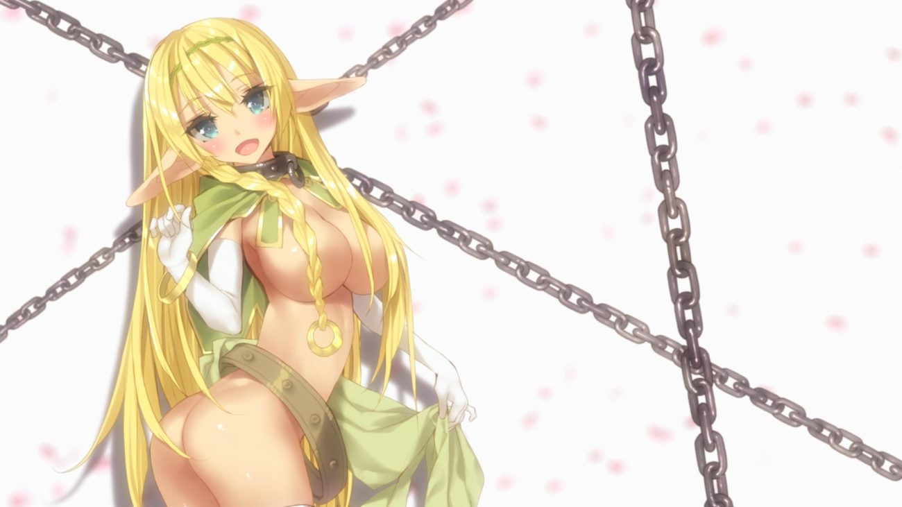 aqua eyes ass blonde hair braids breasts cape chain collar headband isekai maou to shoukan shoujo no dorei majutsu long hair nude pointed ears shera l. greenwood tsurusaki takahiro