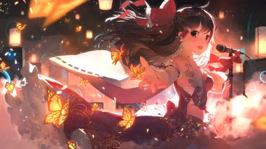 aliasing bow brown eyes brown hair butterfly hakurei reimu headdress idoukunn japanese clothes long hair microphone miko sarashi touhou underwear