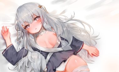 anthropomorphism bandage breasts dokomon girls frontline gray eyes gray hair long hair panties ribeyrolles 1918 (girls frontline) underwear
