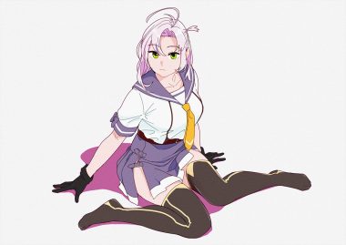 anthropomorphism gloves green eyes kantai collection kinugasa (kancolle) ojipon pink hair school uniform short hair skirt thighhighs tie